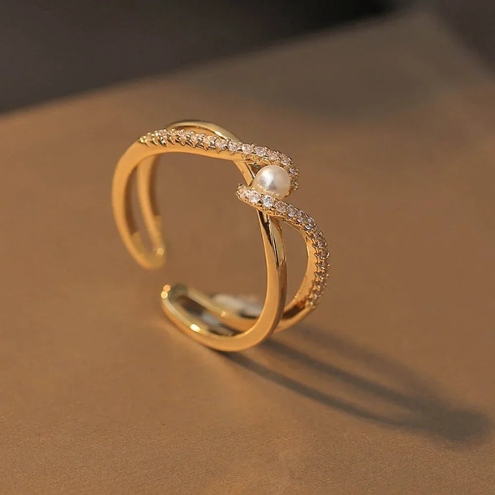 Women’s Pearl & Rhinestone Cross Design Adjustable Ring